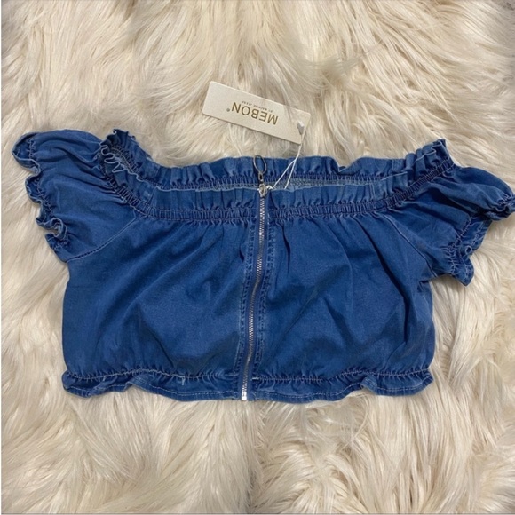 Ruffled and Ruching Denim Crop Top with Zipper - Picture 13 of 15